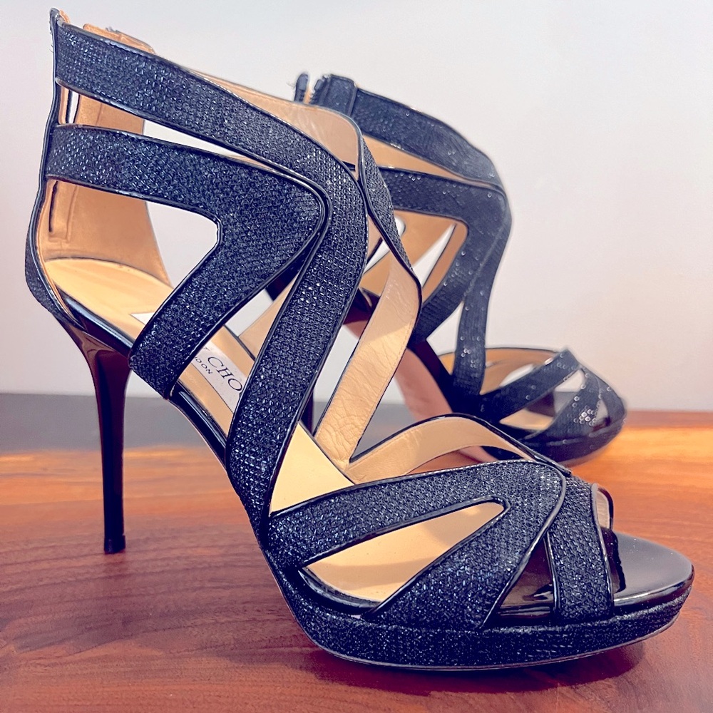 Jimmy Choo Blue Lamé Fabric And Glitter Leila Sandals Size 38 (US 7.5)